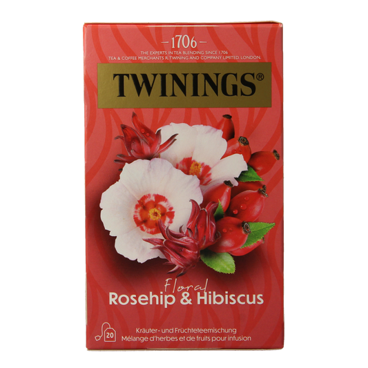 Twinings Rozenbottel Hibiscus tea bags, 20 count, showing vibrant dried hibiscus flowers in a clear package.