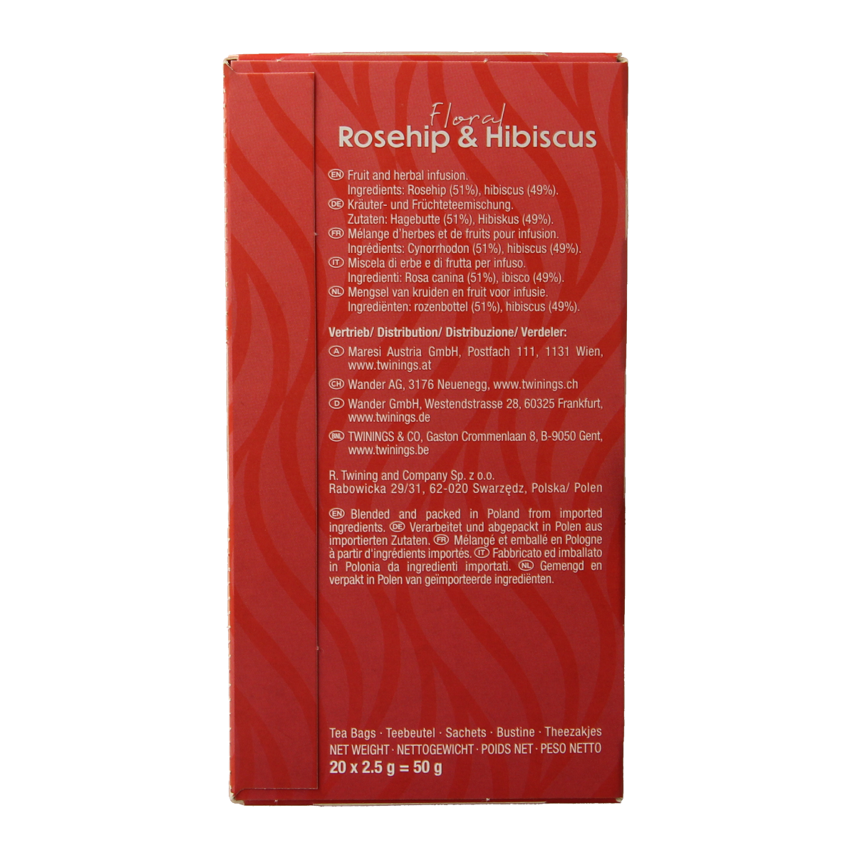 Twinings Rozenbottel hibiscus tea bags box, 20 packs of herbal tea with vibrant hibiscus flowers on packaging