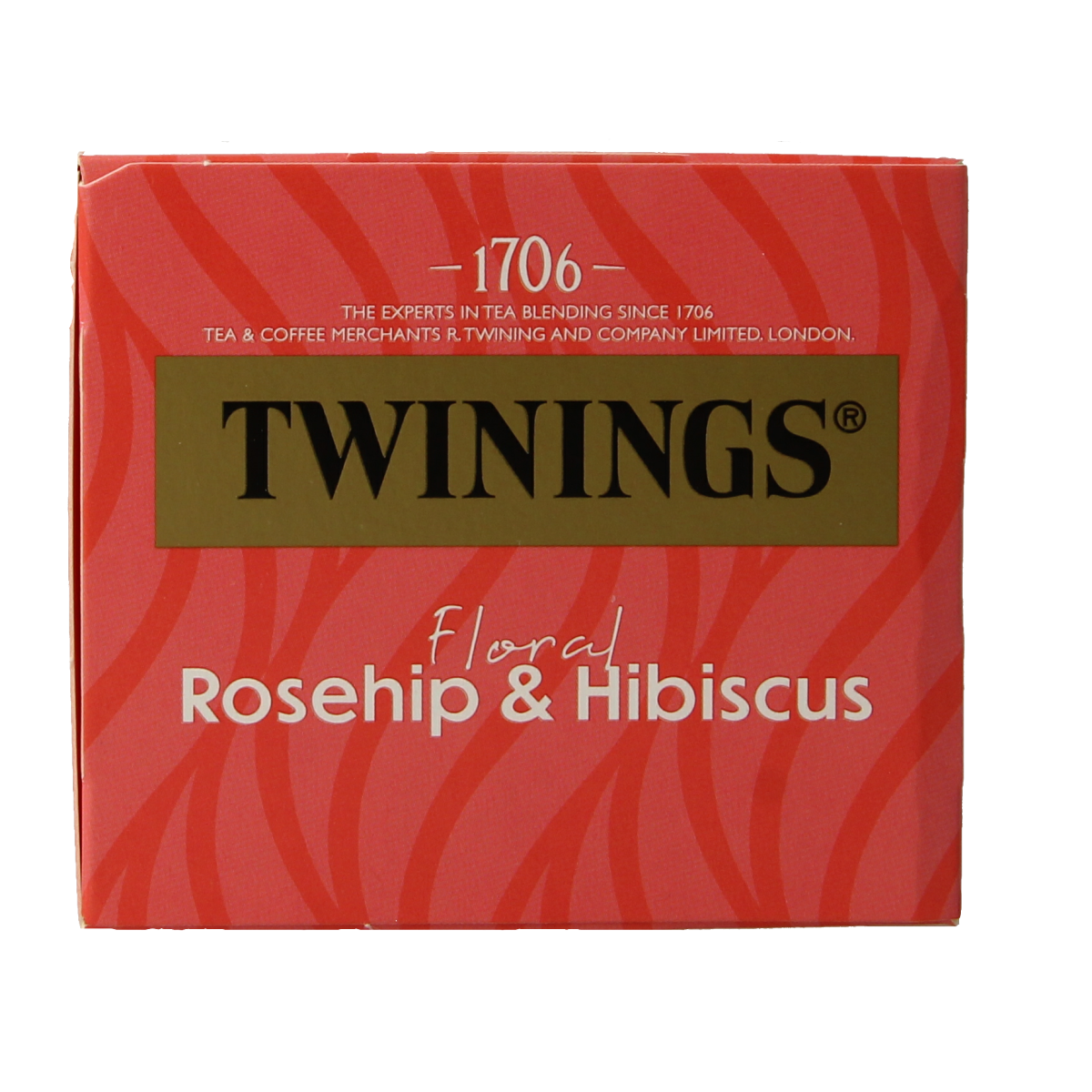 Twinings Rozenbottel Hibiscus tea bags, 20-count, featuring colorful tea box with blooming hibiscus flowers and rose accents.