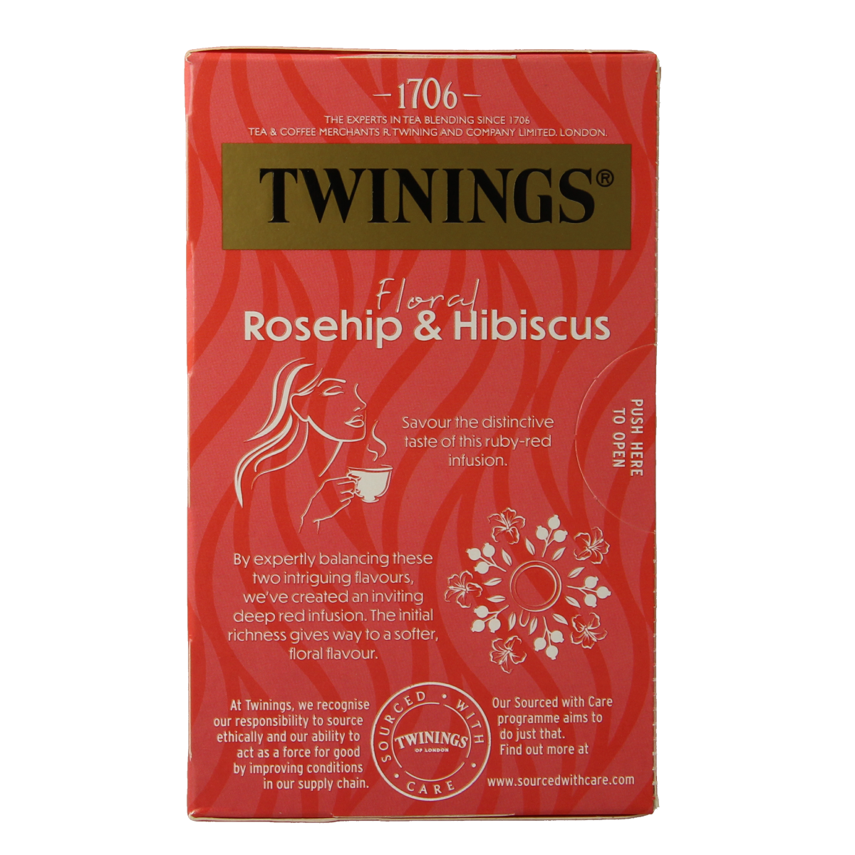 Twinings Rozenbottel Hibiscus tea bags, 20-pack, featuring vibrant hibiscus blossoms on the packaging.
