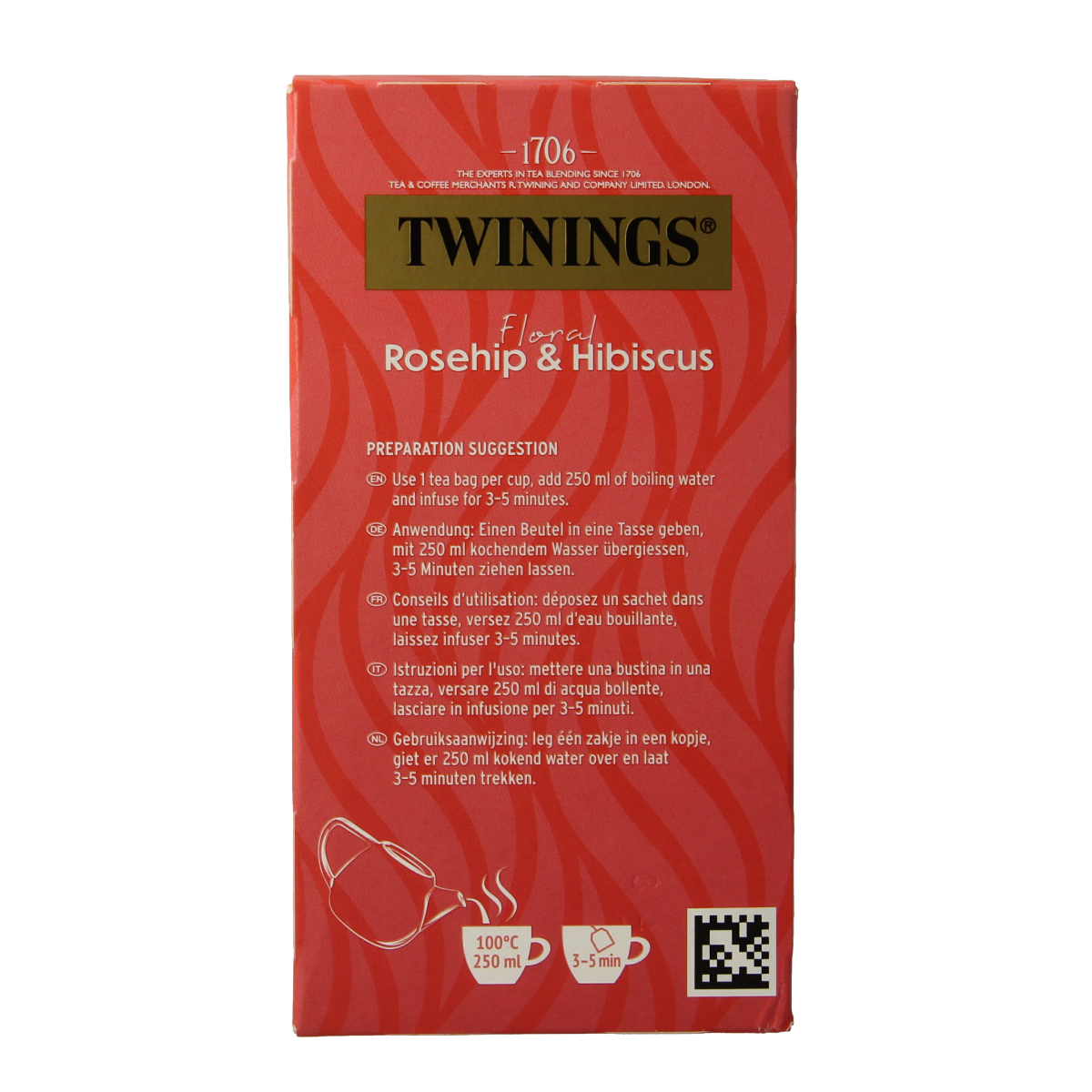 Twinings Rozenbottel Hibiscus tea bags in a box, showcasing vibrant floral packaging for herbal tea.