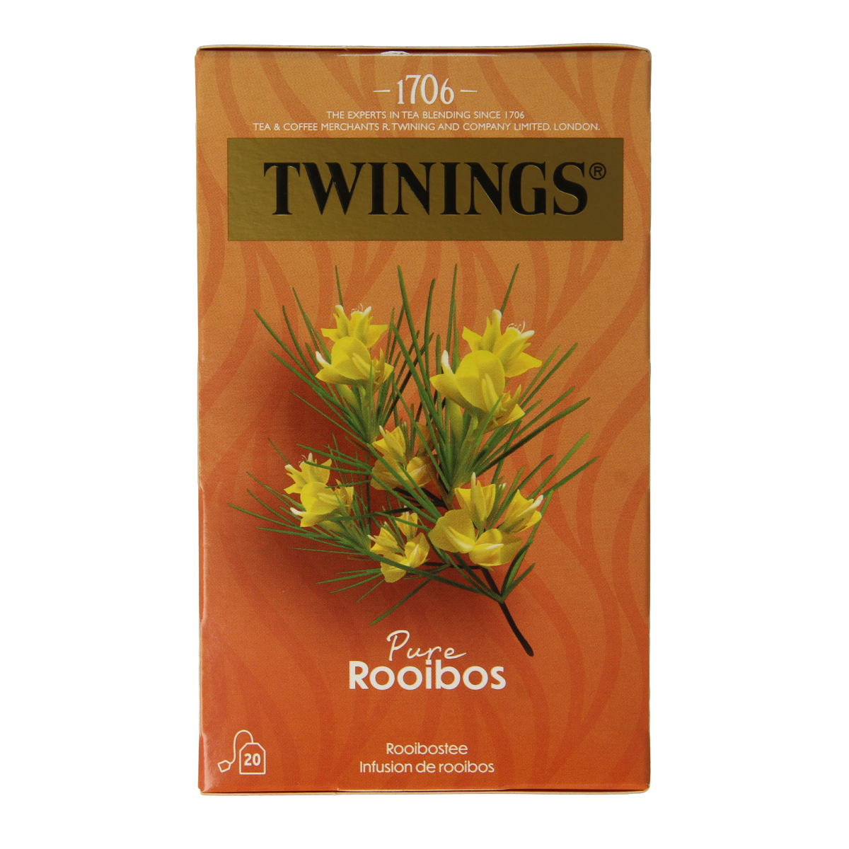 Twinings Rooibos tea bags in a box, 20-count, natural herbal tea with red rooibos leaves, ideal for soothing beverages.