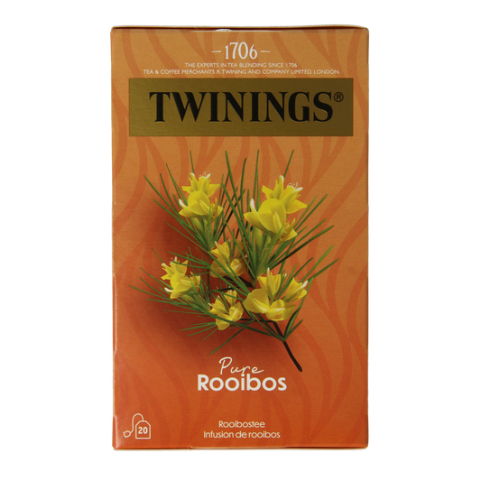 Twinings Rooibos tea bags in a box, 20-count, natural herbal tea with red rooibos leaves, ideal for soothing beverages.