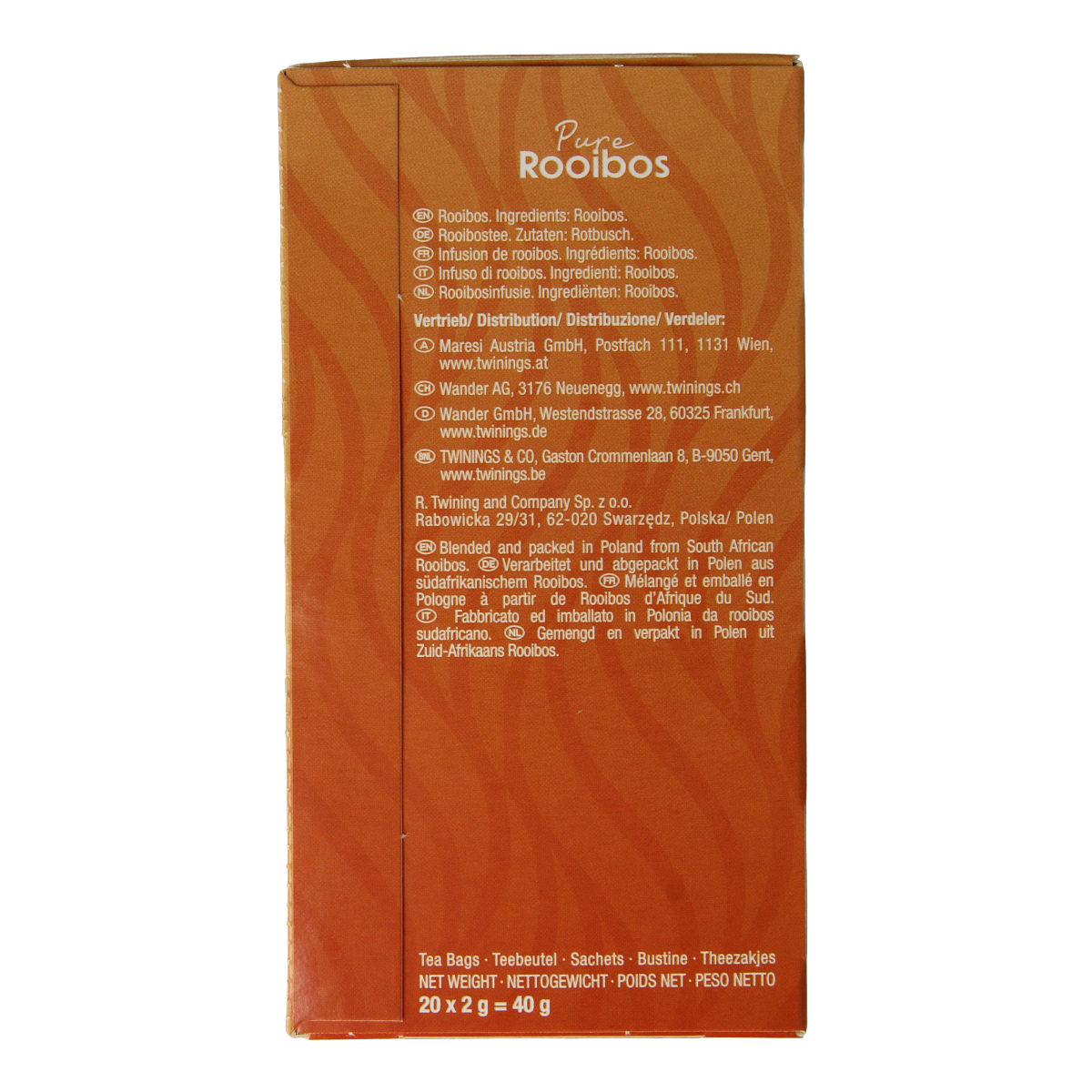 Twinings Rooibos tea bags in a box, 20-count, featuring natural red herbal tea with caffeine-free rooibos leaves.