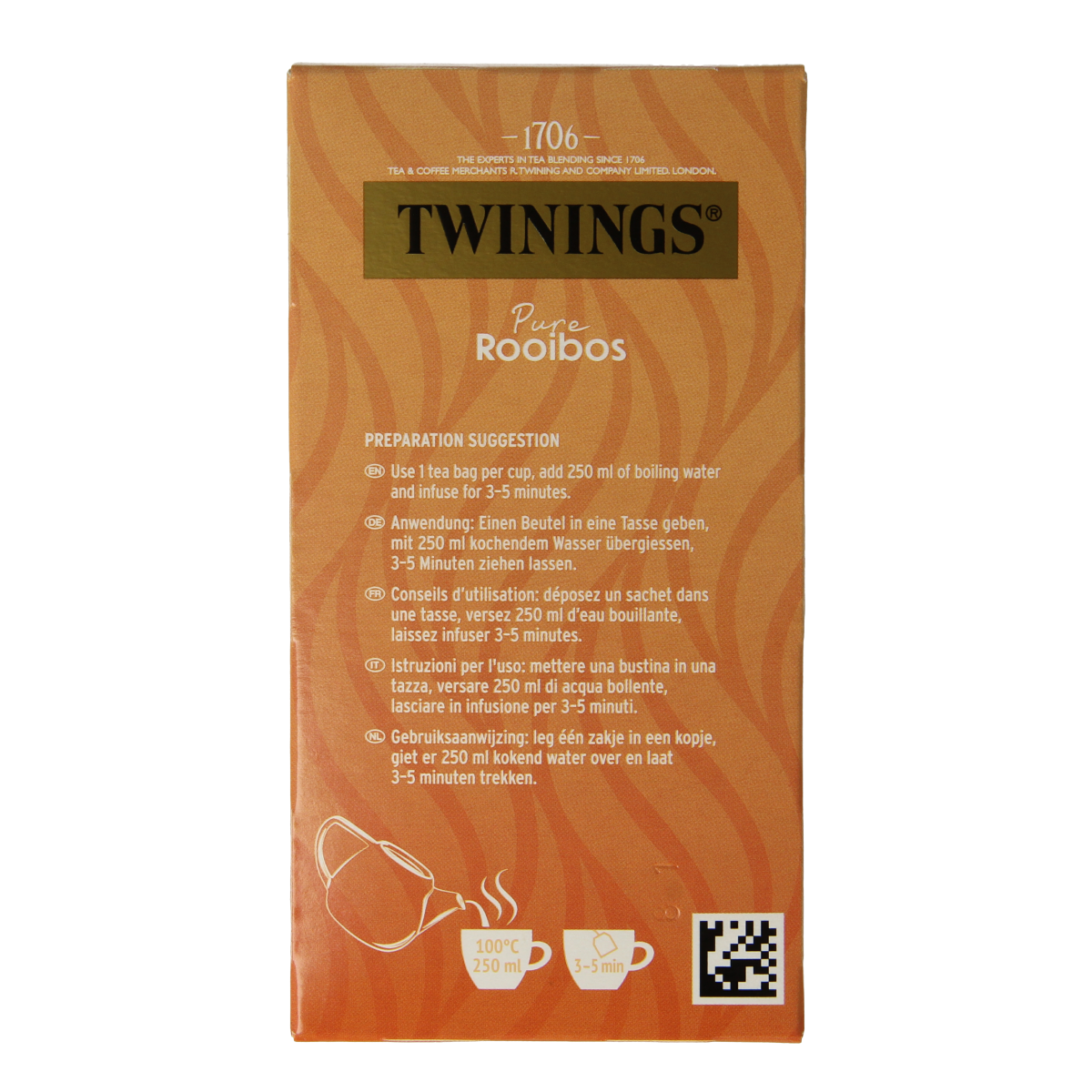 Twinings Rooibos tea bags, 20-count, with colorful packaging and individual tea bags visible.