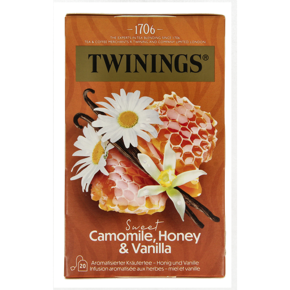 Twinings Kamille honing vanille tea bags, 20-count, with chamomile and vanilla flavor in a box.