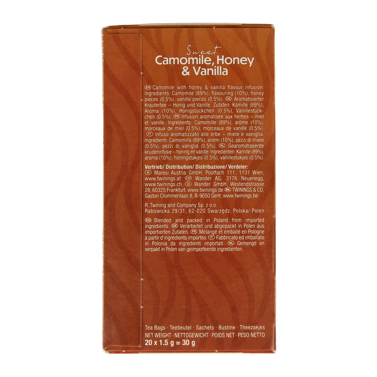 Twinings Kamille honing vanille tea box with 20 tea bags, showcasing a calming herbal tea blend in a colorful packaging.