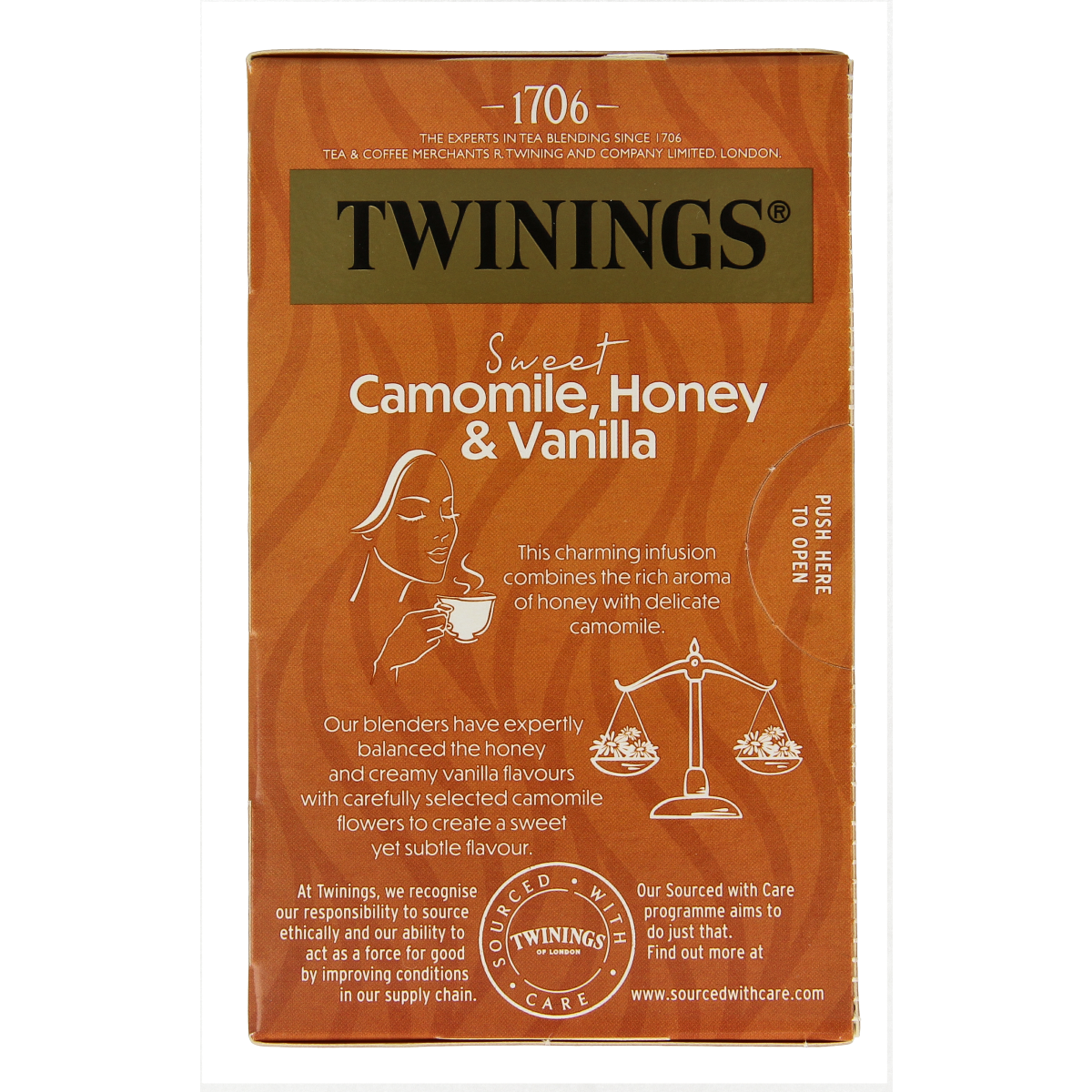 Twinings Kamille honing vanille tea bags, 20-count box, with chamomile, honey, and vanilla flavor in individual tea sachets.
