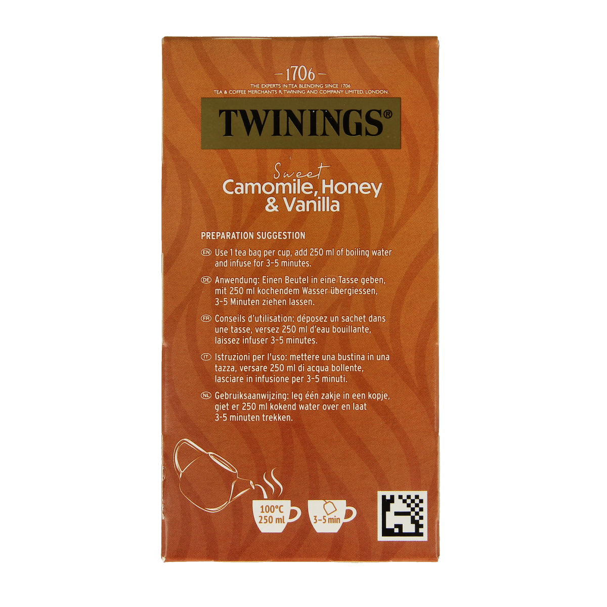 Twinings Kamille honing vanille tea bags in a box, featuring chamomile and vanilla flavors, 20 tea bags included.
