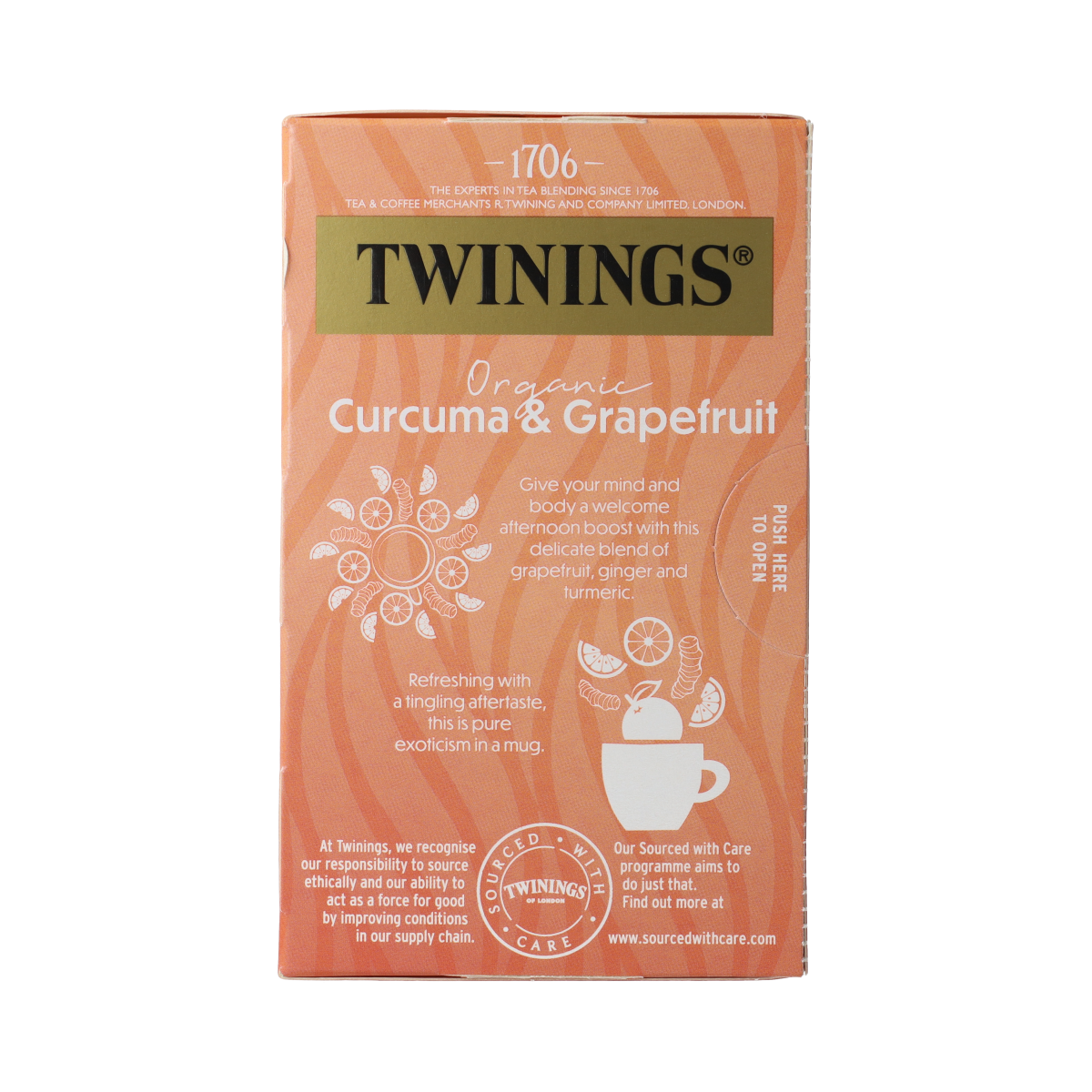 Twinings bio turmeric and grapefruit tea bags, 20-count, featuring fresh citrus and spice flavor in a tea product image.