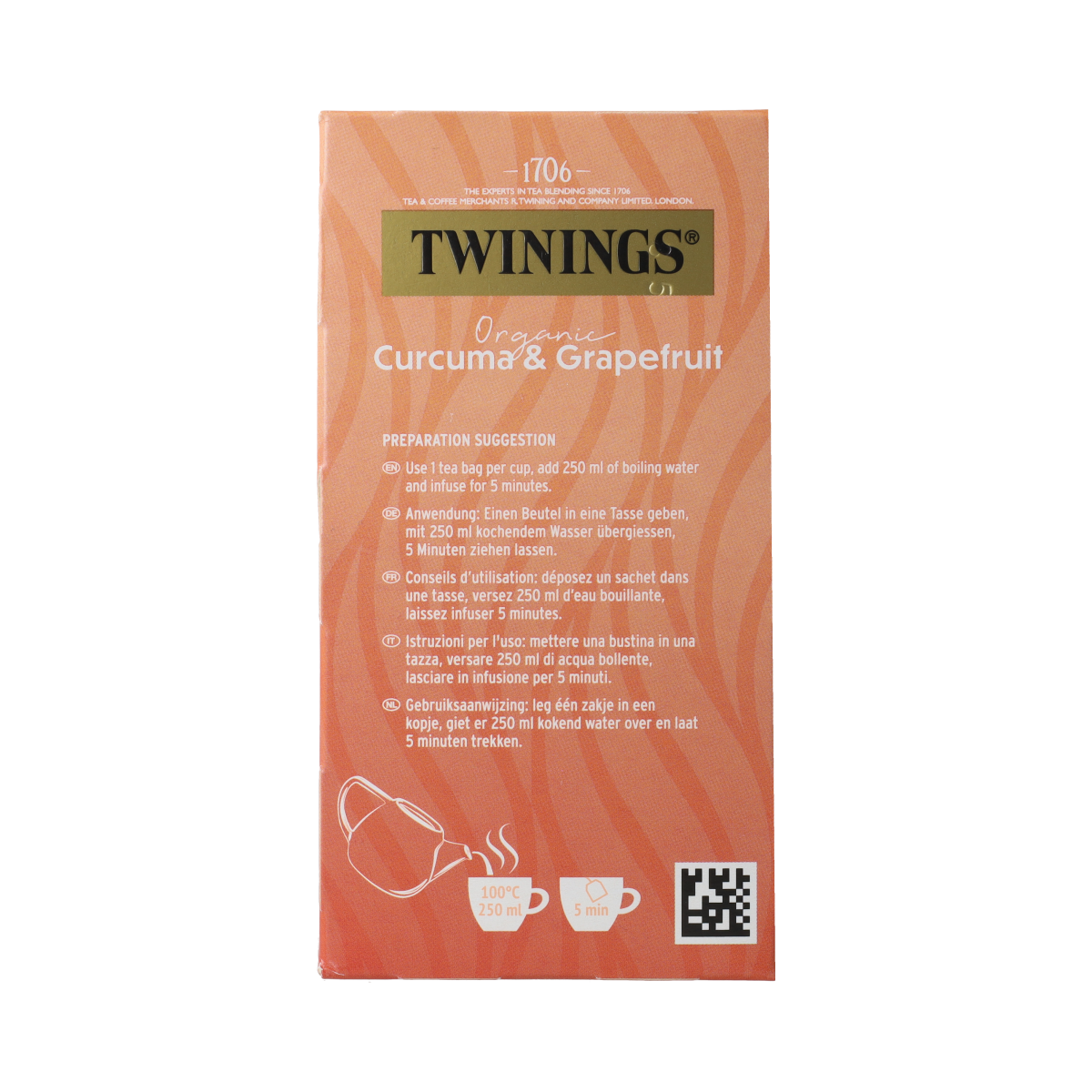 Twinings Curcuma & Grapefruit organic tea bags, 20 count, featuring turmeric and grapefruit flavor, in a colorful box.