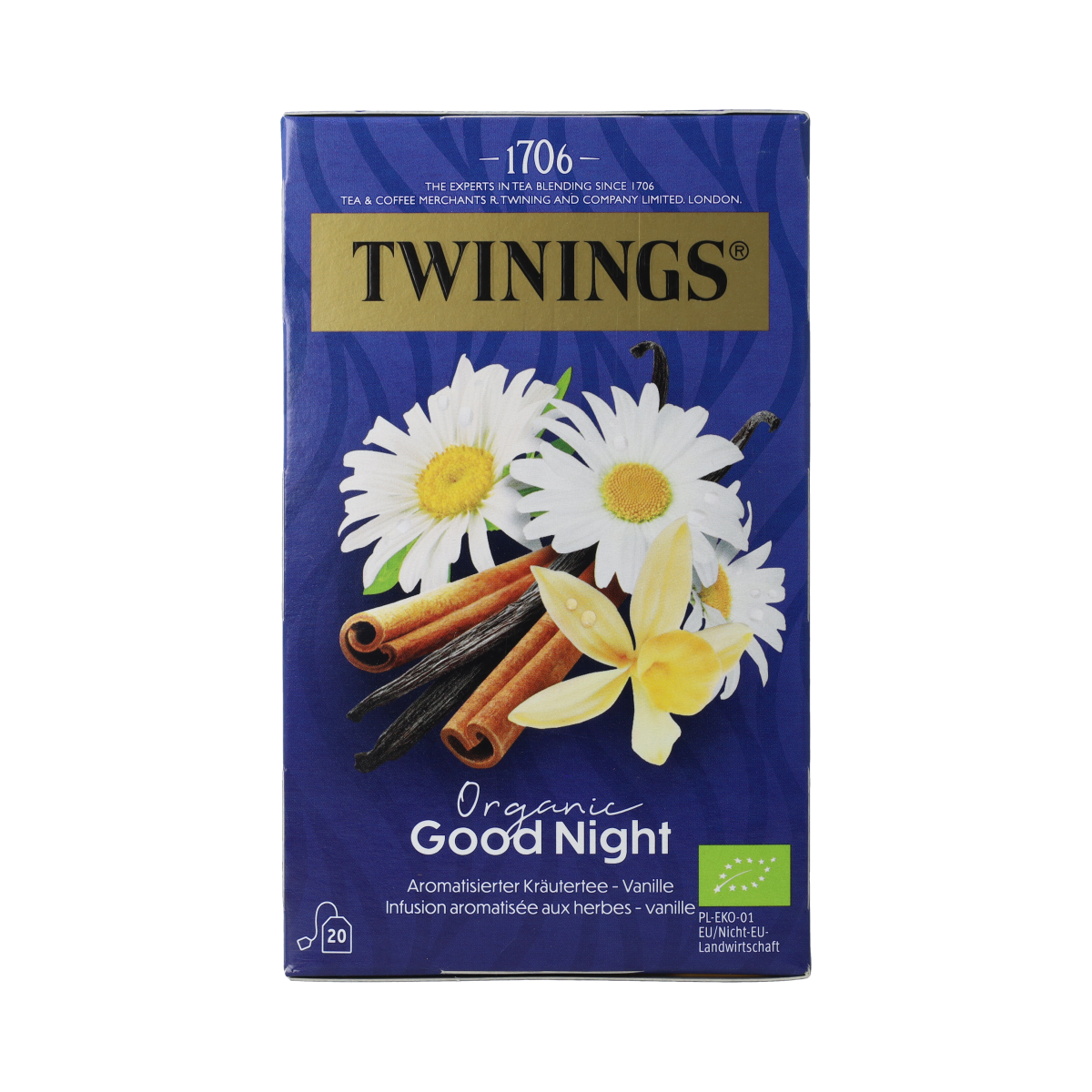 Twinings Good Night bio tea in a box of 20 tea bags, natural herbal blend for relaxation and bedtime.
