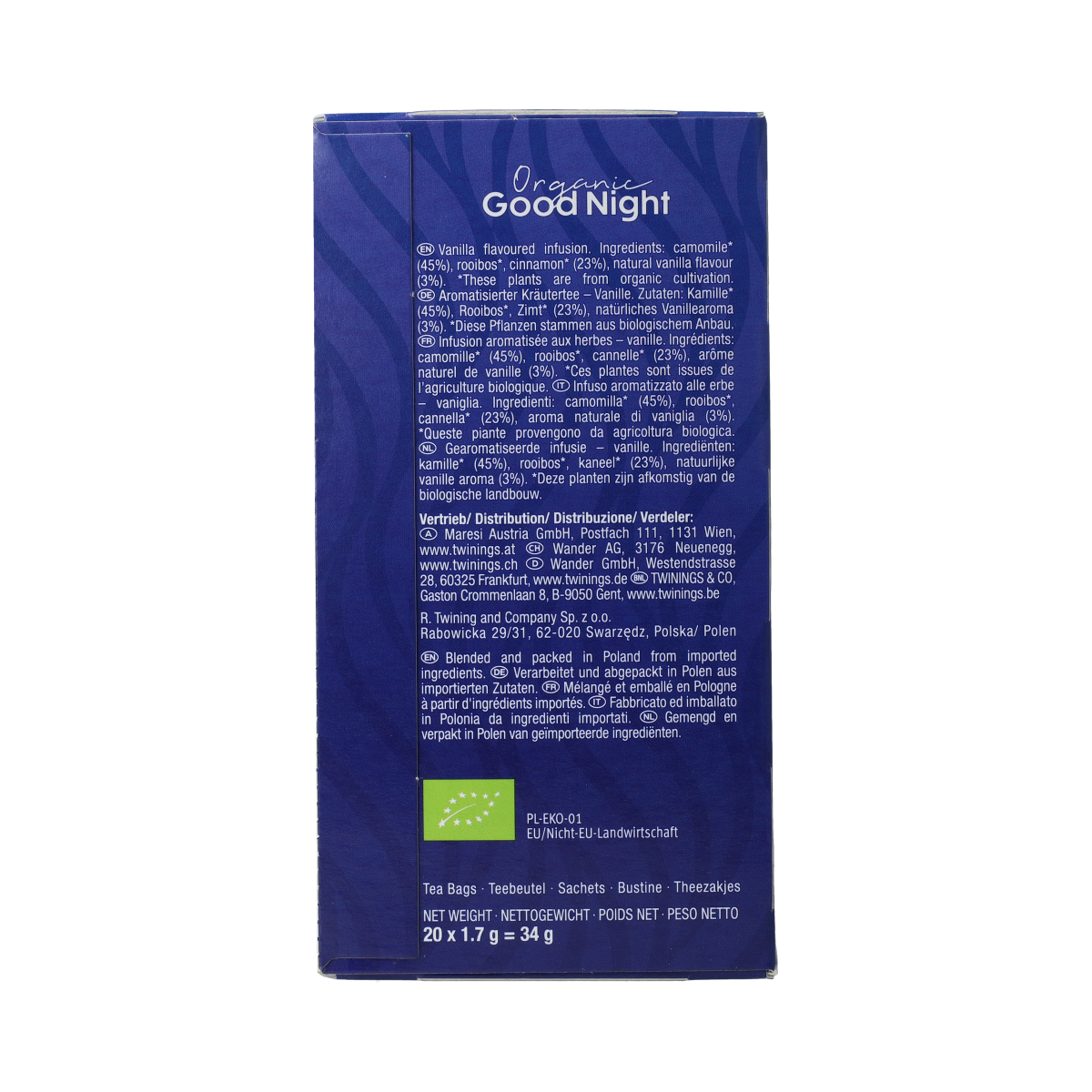 Twinings Good Night Bio herbal tea in a box with 20 tea bags, calming herbal blend for relaxation.