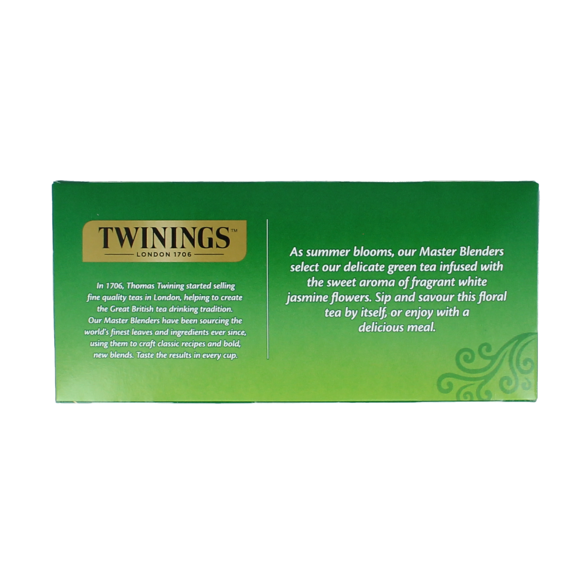 Twinings green jasmine tea bags in a box, showcasing the natural tea leaves and packaging for Twinings tea and coffee.