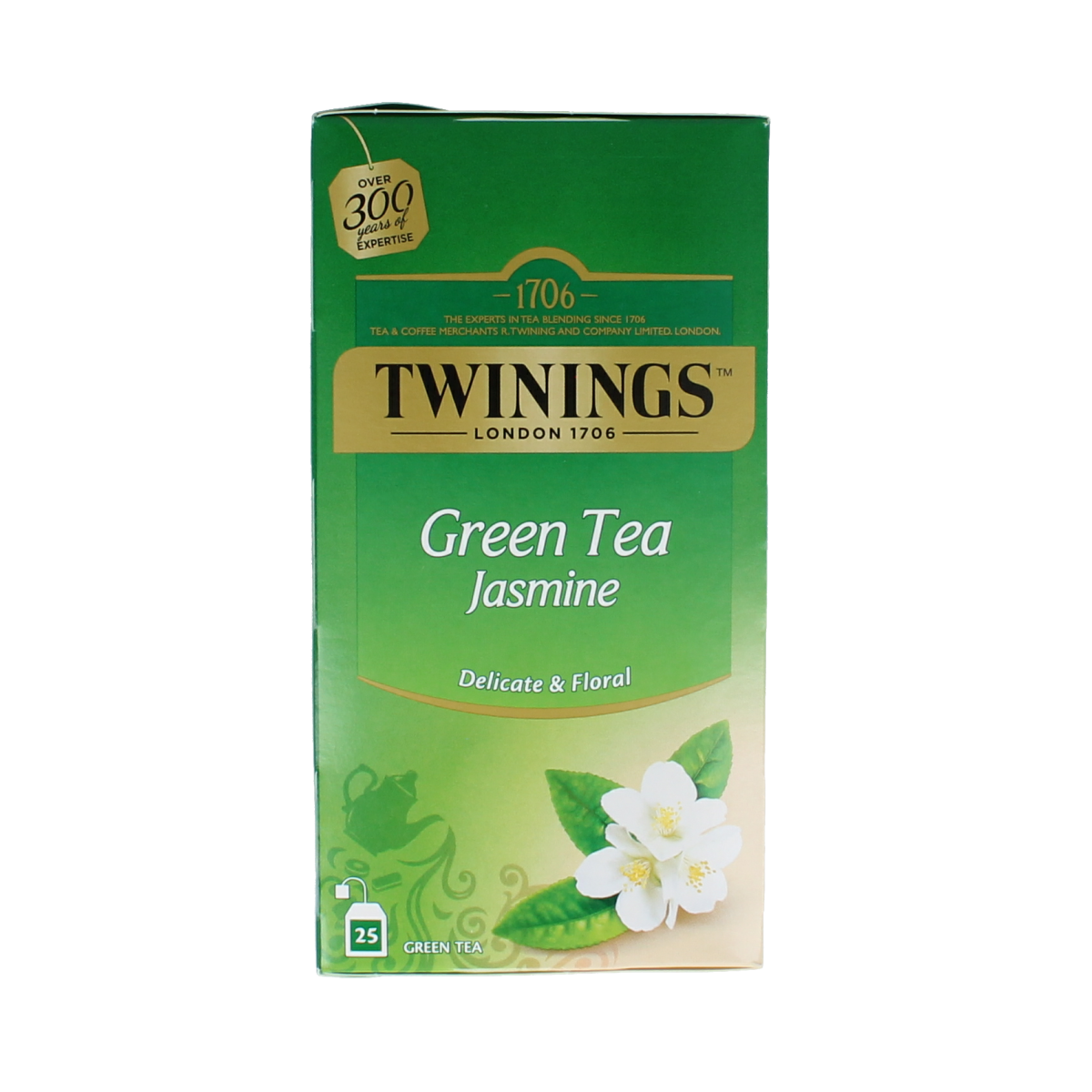 Twinings green jasmine tea bags in a box, showcasing the packaging with 25 tea sachets for brewing flavorful jasmine green tea.