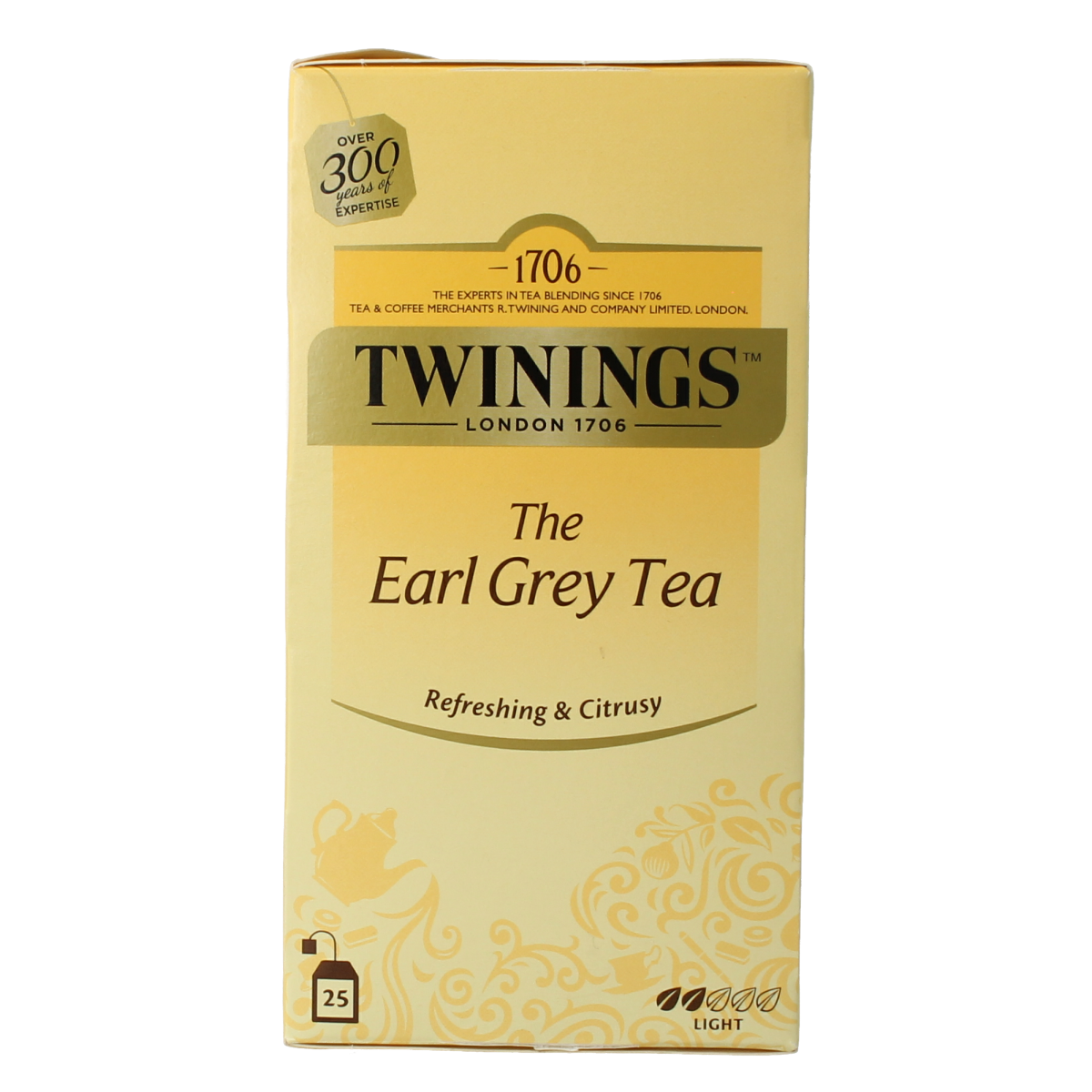 Twinings Earl Grey enveloped tea bags, black tea, 25-count box with aromatic citrus and bergamot flavor.