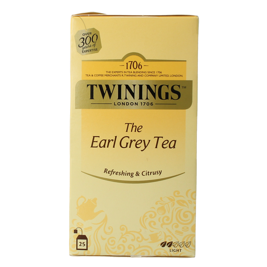 Twinings Earl Grey enveloped tea bags, black tea, 25-count box with aromatic citrus and bergamot flavor.