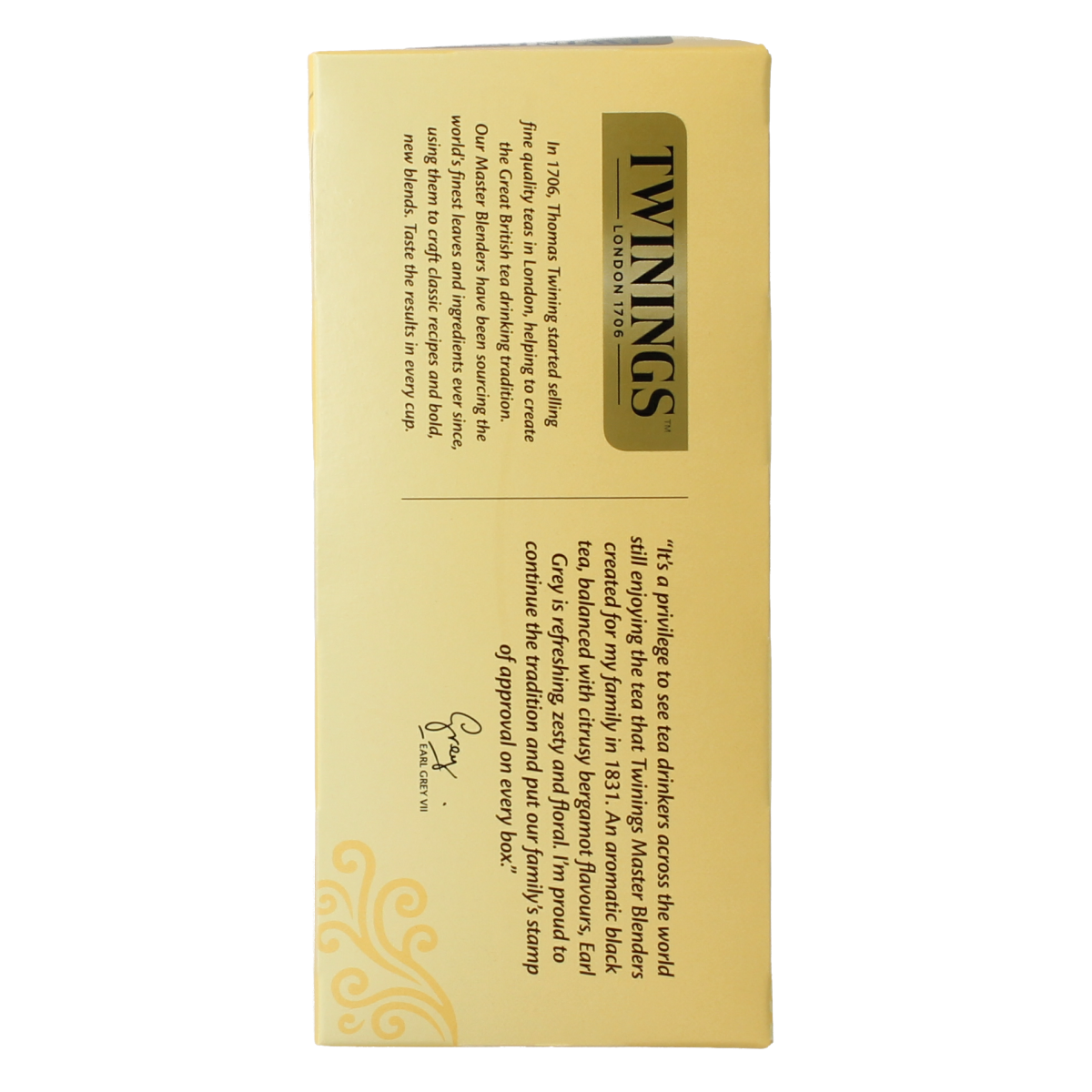Twinings Earl Grey enveloped tea bags in a pack of 25, featuring black packaging and individual tea sachets.