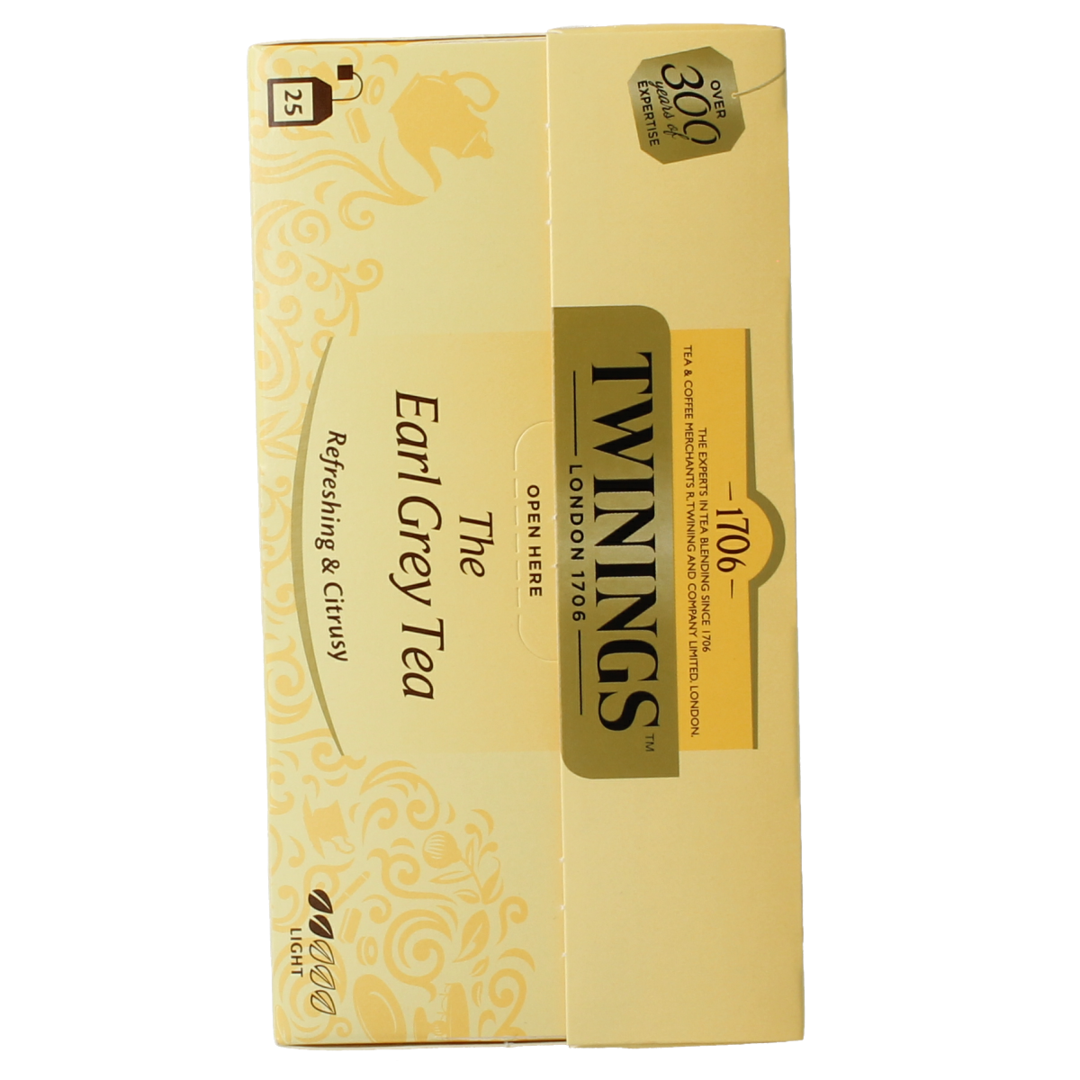 Twinings Earl Grey enveloped tea bags, black tea with bergamot flavor, 25-count box.
