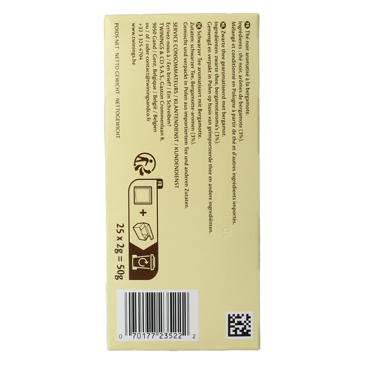 Twinings Earl Grey enveloped tea bags in black packaging, 25-count box, ideal for brewing fragrant Earl Grey tea.