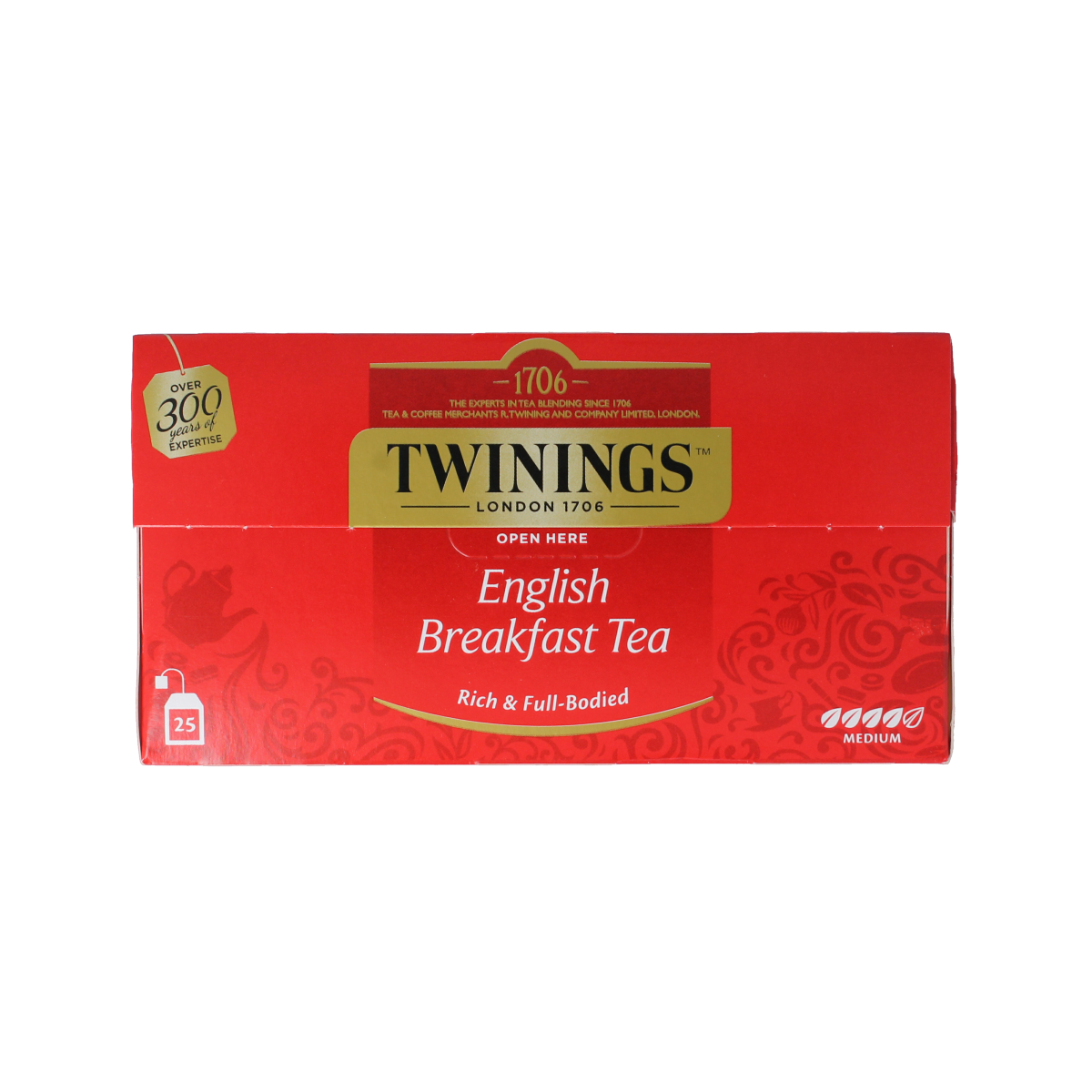 Twinings English Breakfast black tea envelopes, 25 tea bags in a package, ideal for a classic breakfast brew.