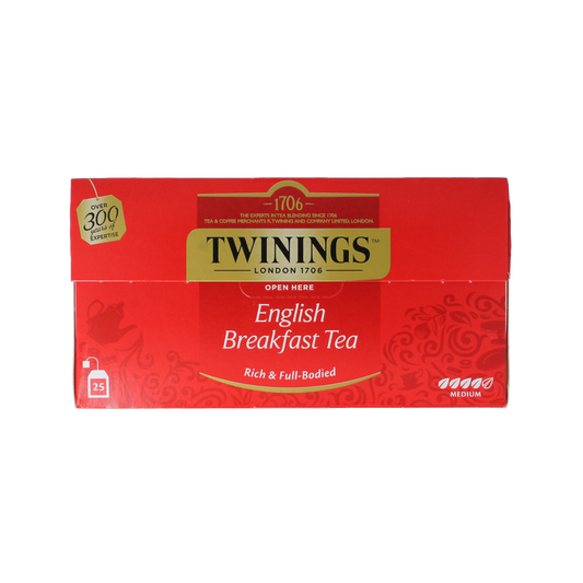 Twinings English Breakfast black tea envelopes, 25 tea bags in a package, ideal for a classic breakfast brew.