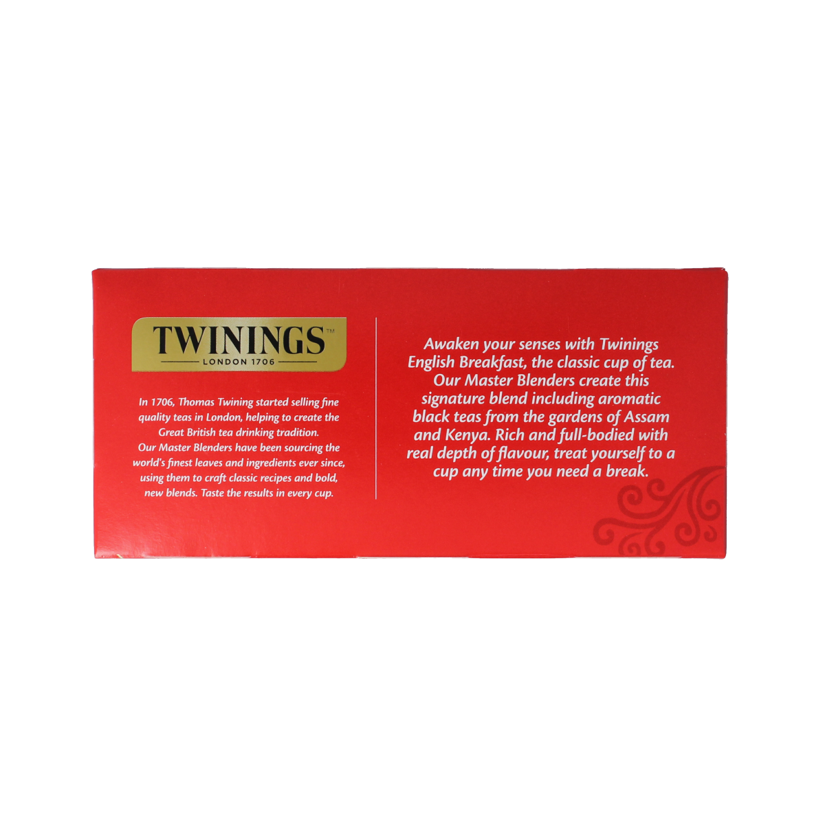 Twinings English Breakfast tea envelopes in a box, black packaging, containing 25 tea bags for a rich, full-bodied flavor.