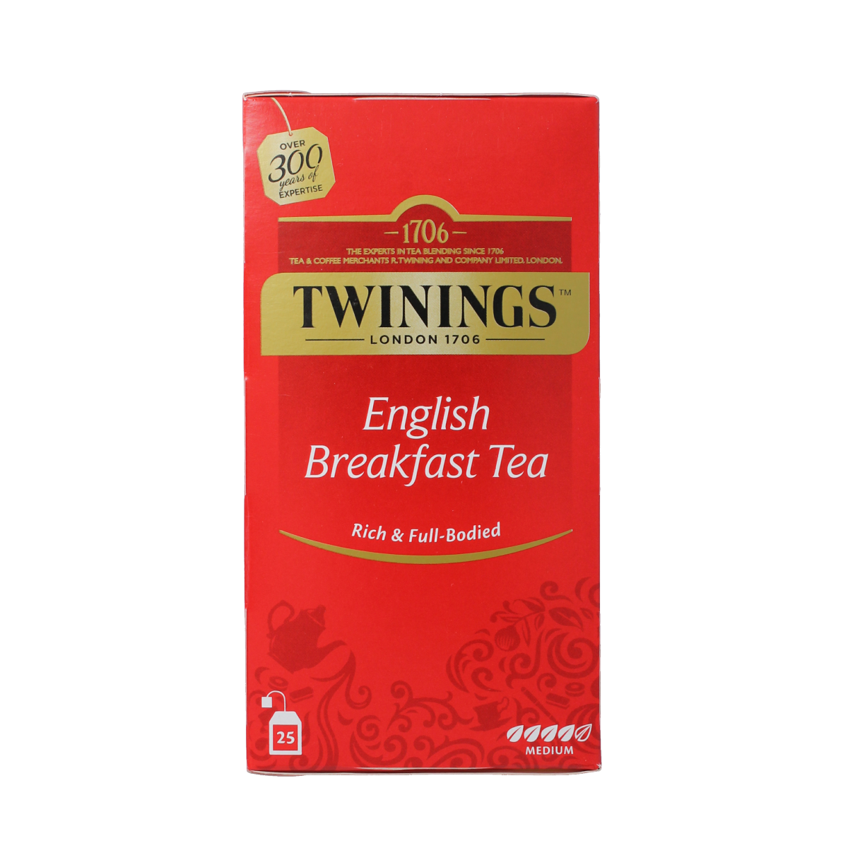 Twinings English breakfast tea envelopes in a box, showing black packaging and 25 tea bags for a hearty breakfast brew.
