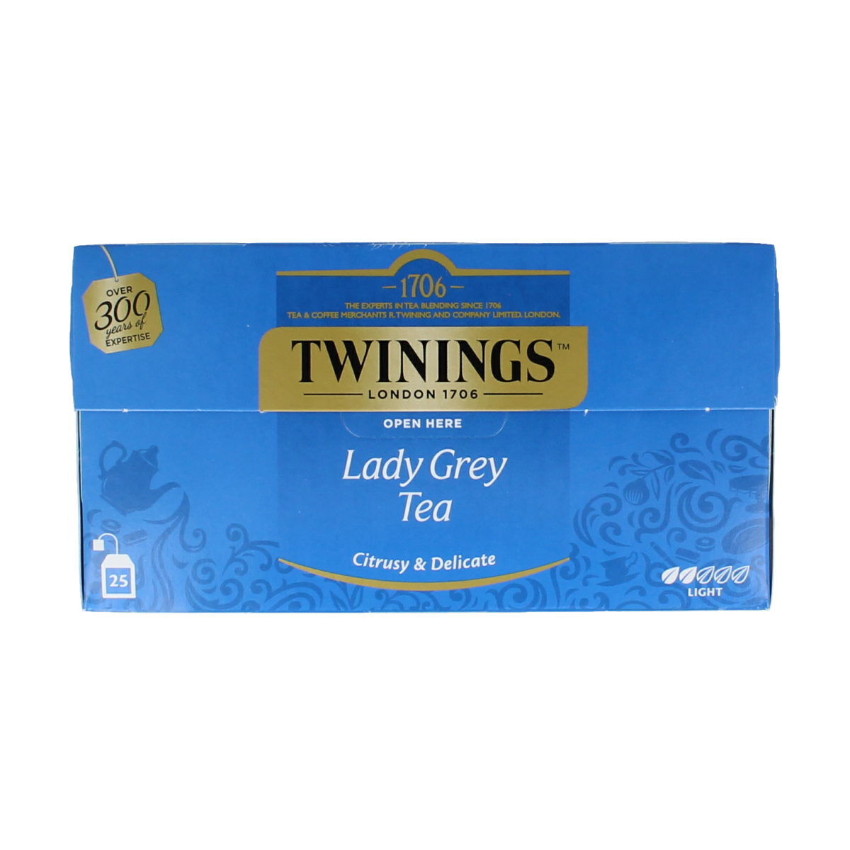 Twinings Lady Grey tea bags in a box, showcasing the elegant packaging for this flavored black tea.