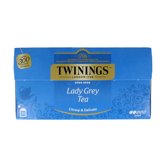 Twinings Lady Grey tea bags in a box, showcasing the elegant packaging for this flavored black tea.