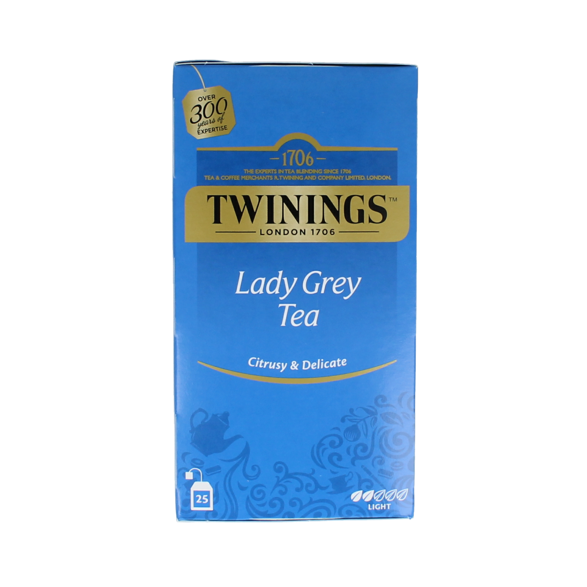 Box of Twinings Lady Grey tea bags, 25-count, featuring a box of tea with Lady Grey branding and tea bags inside.