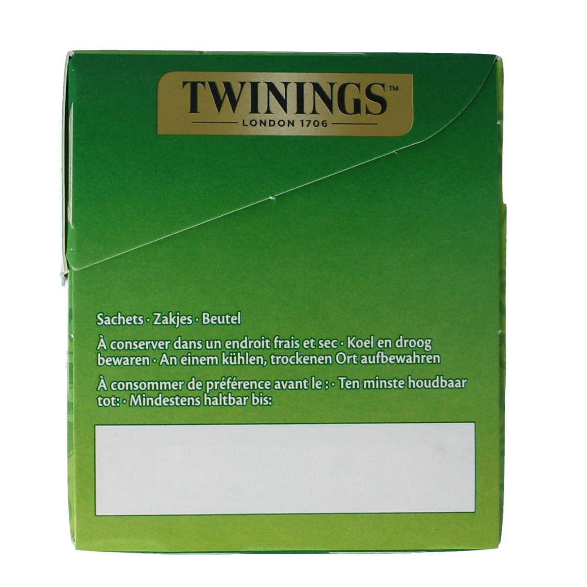 Twinings Pure groene thee in a box with 25 tea bags, natural green tea leaves visible, ideal for a soothing tea experience.