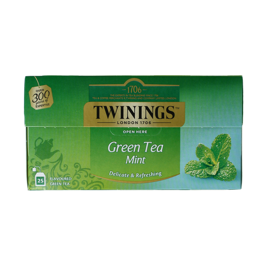Twinings Pepermunt tea bags in a box, showcasing the packaging for herbal mint tea.