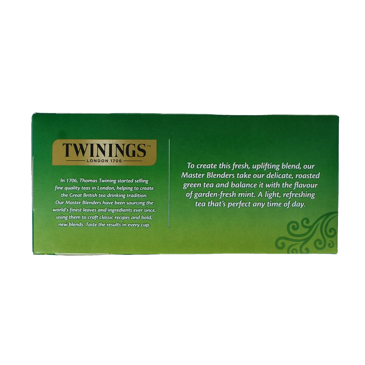 Twinings Pepermunt tea bags in a box, showing 25 sachets with fresh mint flavor for soothing herbal tea.