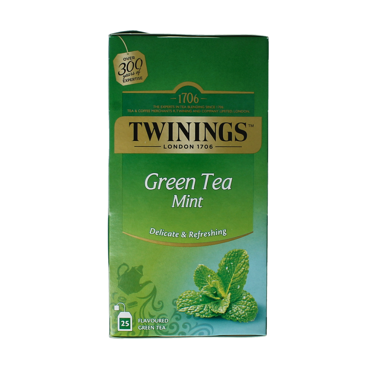 Twinings Peppermint Tea bags, 25-count, in a resealable box, with fresh peppermint leaves and tea packaging visible.