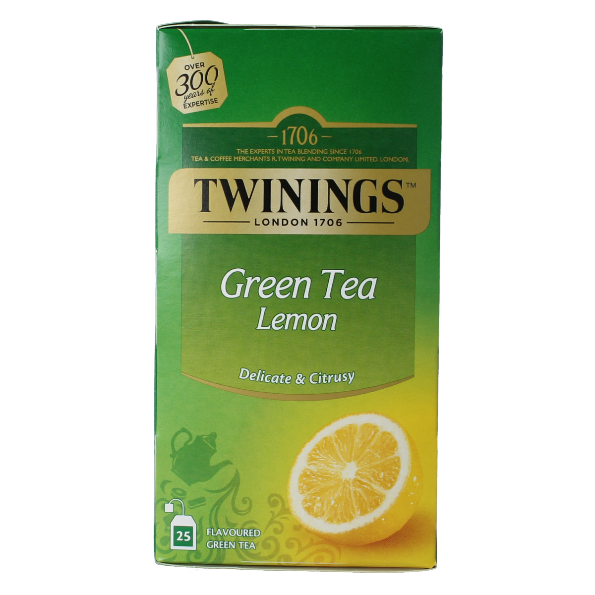 Twinings green tea with lemon in a box of 25 tea bags, showcasing the vibrant packaging and fresh lemon flavor.
