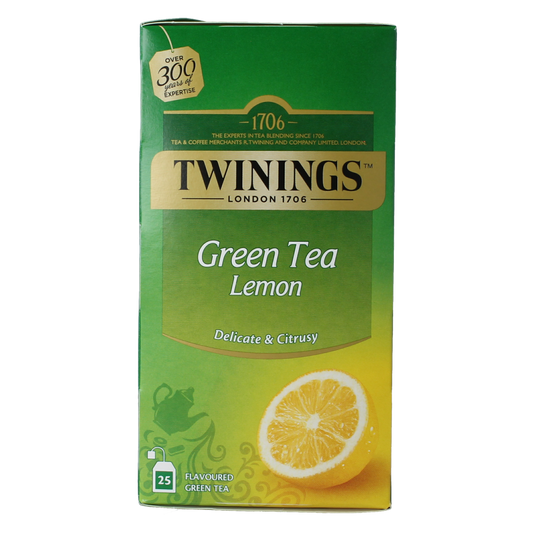 Twinings green tea with lemon in a box of 25 tea bags, showcasing the vibrant packaging and fresh lemon flavor.