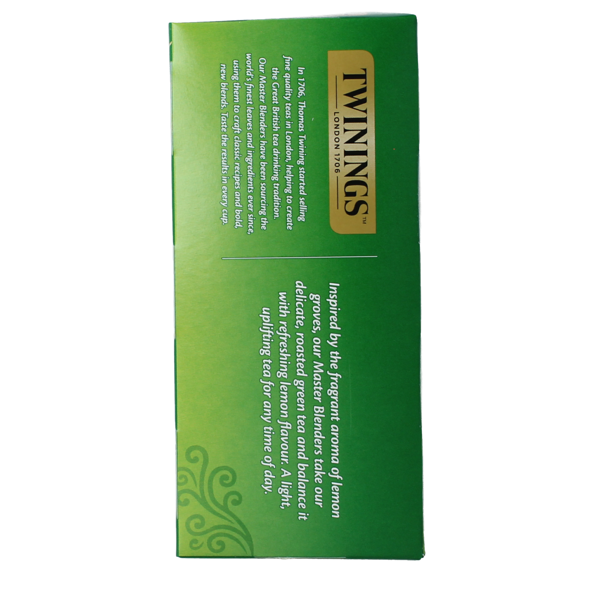Twinings groene thee citroen in 25 zakjes, herbal tea with lemon flavor, shown in a box with tea bags.