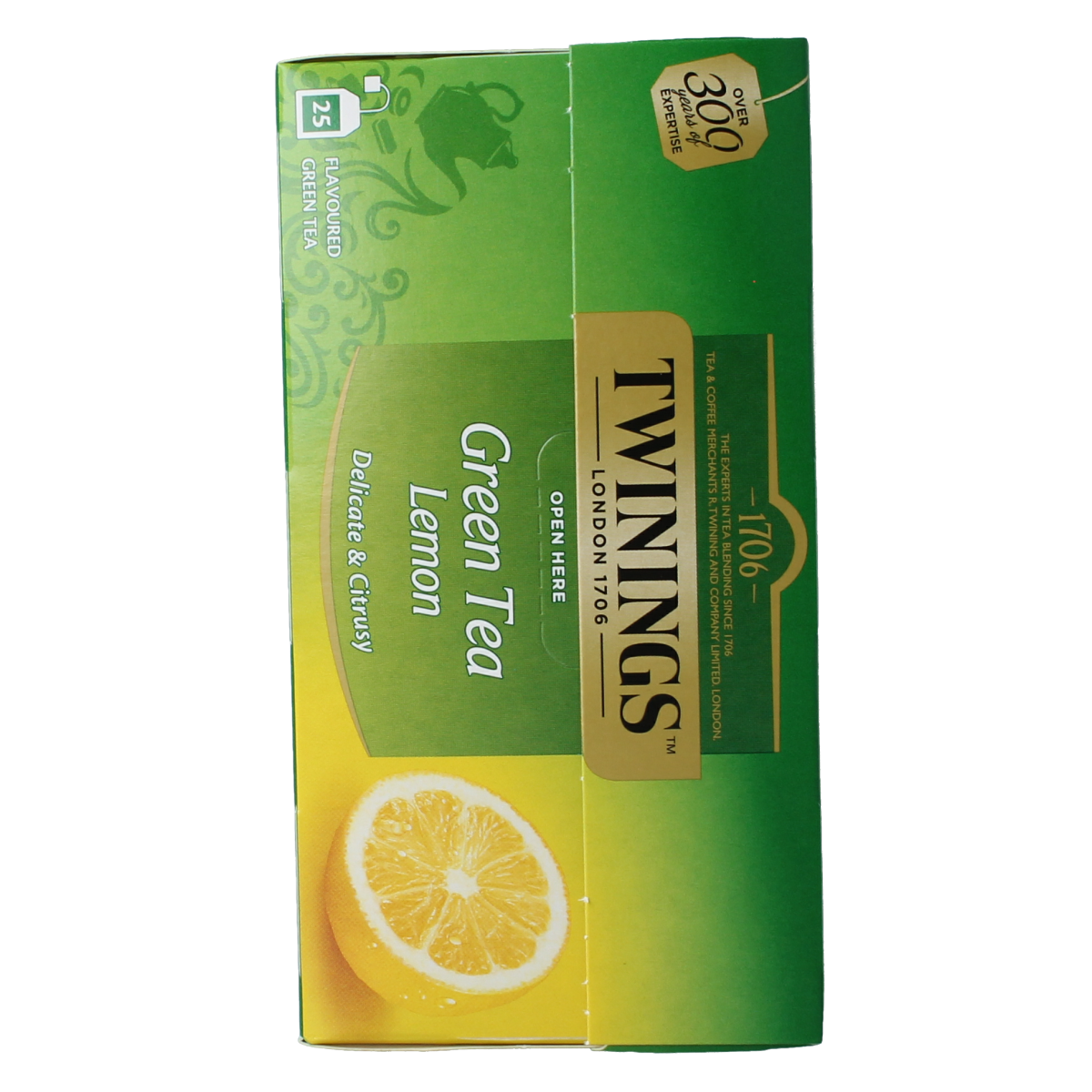 Twinings Green Tea Lemon 25 tea bags in a box, featuring fresh lemon flavor and natural green tea leaves.