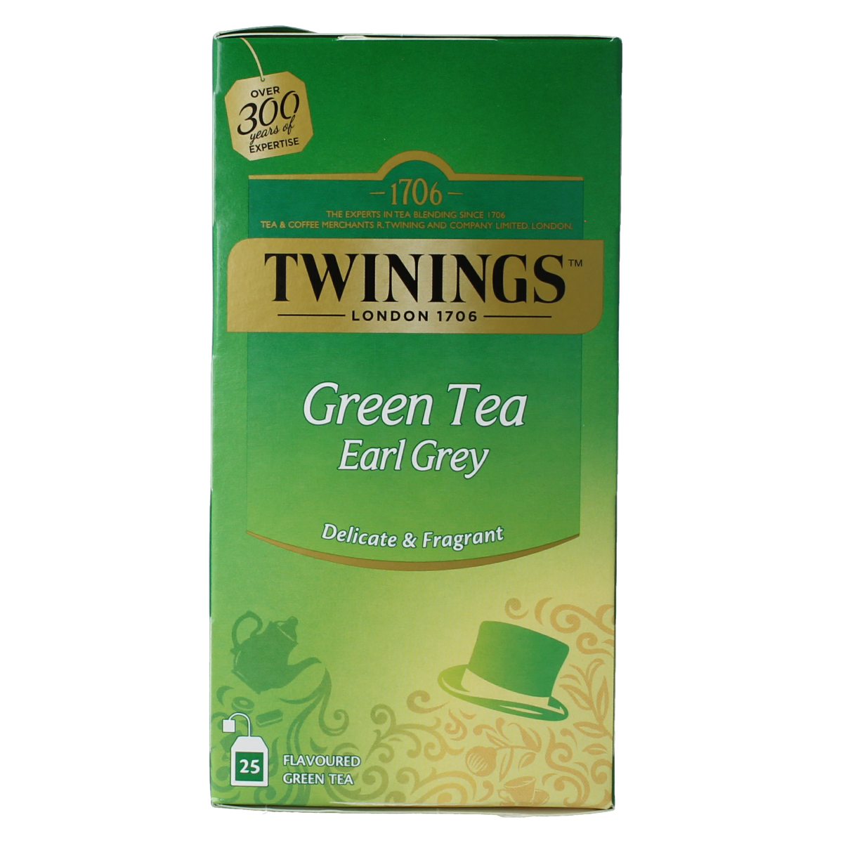 Twinings Green Tea Earl Grey tea bags in a box, featuring the Twinings logo and 25 tea bags for brewing.