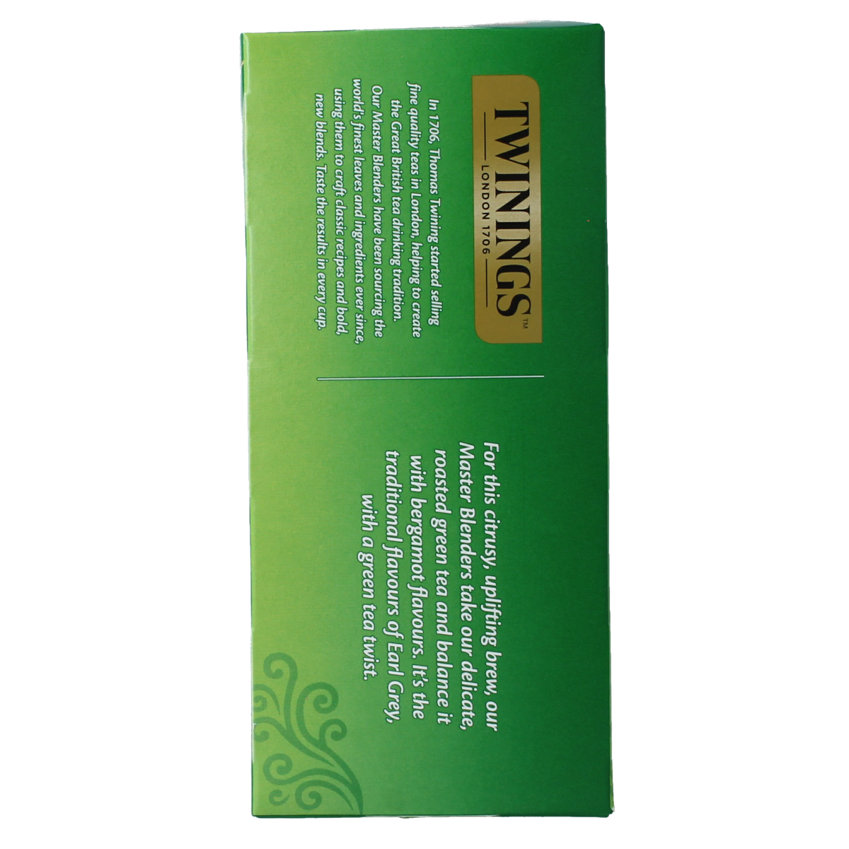 Twinings Green Tea Earl Grey tea bags, 25-count box, showcasing the packaging with green tea leaves and Earl Grey flavor.