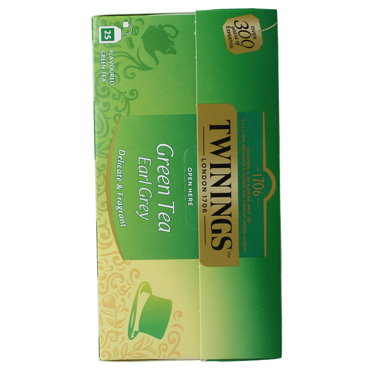 Twinings Green Tea Earl Grey tea bags, 25-count box, showing individually wrapped tea bags with green and grey packaging.