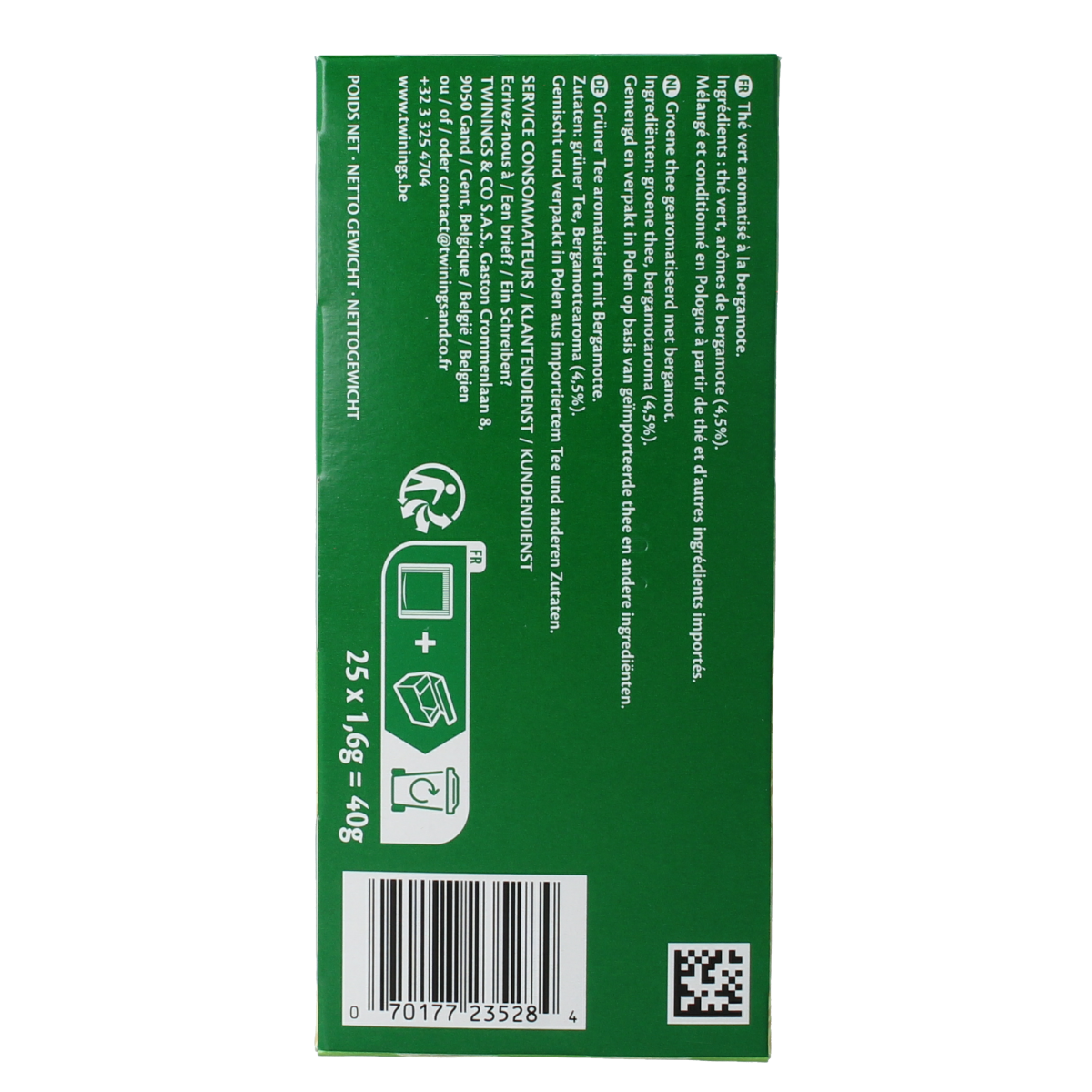 Twinings Green Tea Earl Grey tea bags, 25-count, featuring signature citrus and bergamot flavor in green tea packaging.