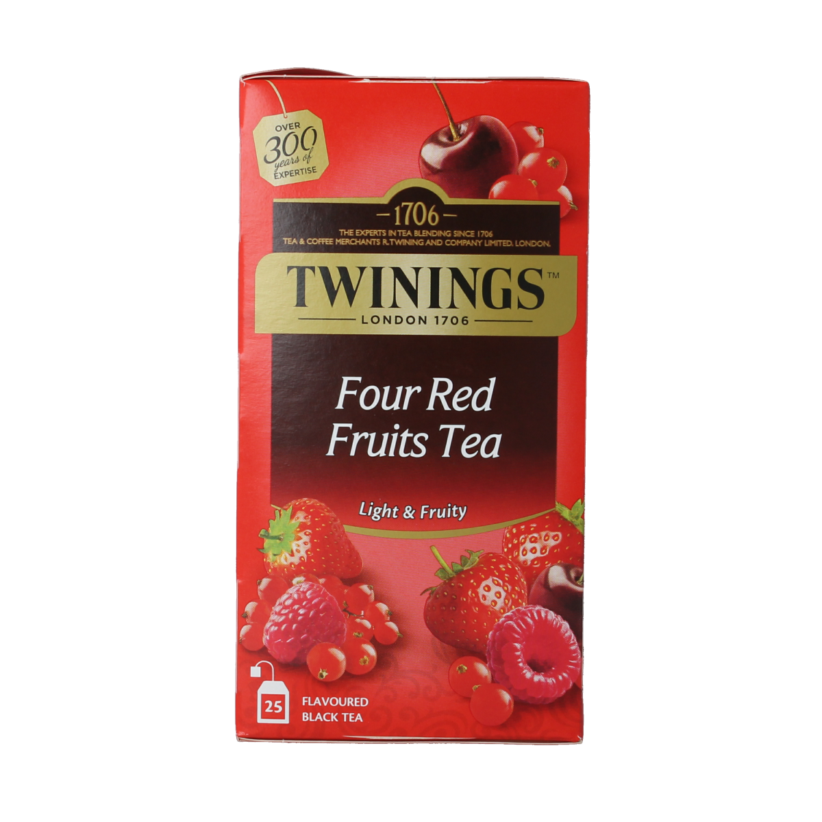 Twinings Red Fruits Tea box with 25 tea bags, featuring vibrant red fruit illustrations on packaging.