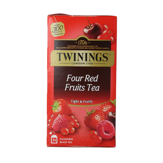 Twinings Red Fruits Tea box with 25 tea bags, featuring vibrant red fruit illustrations on packaging.