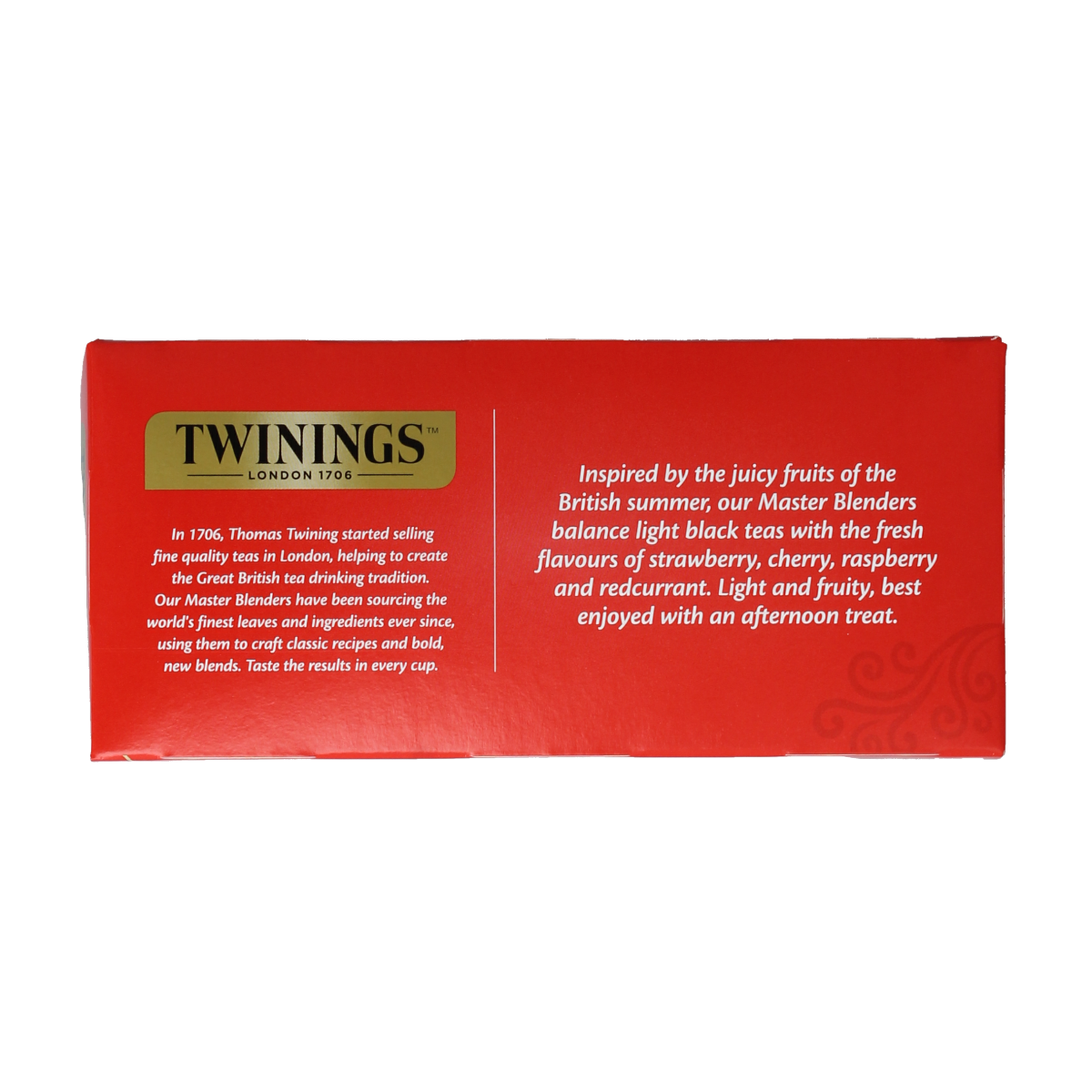 Twinings Red Fruits Tea box with 25 tea bags, showcasing colorful packaging and a variety of dried fruit images.