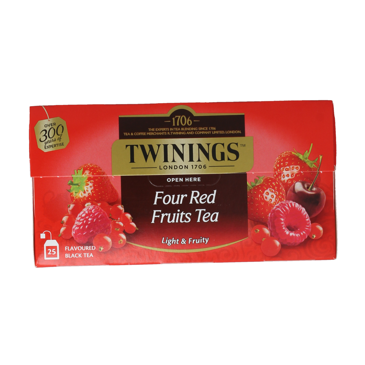 Twinings Red Fruits Tea box with 25 tea bags, featuring vibrant red fruit illustrations on packaging.