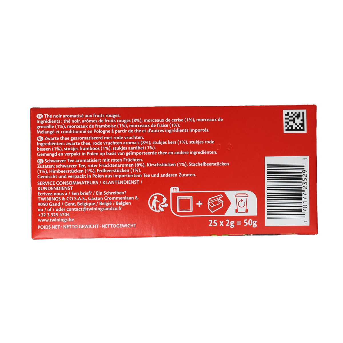 Twinings Red Fruits Tea 25-pack, aromatic herbal tea with vibrant red fruit flavors in a colorful box.