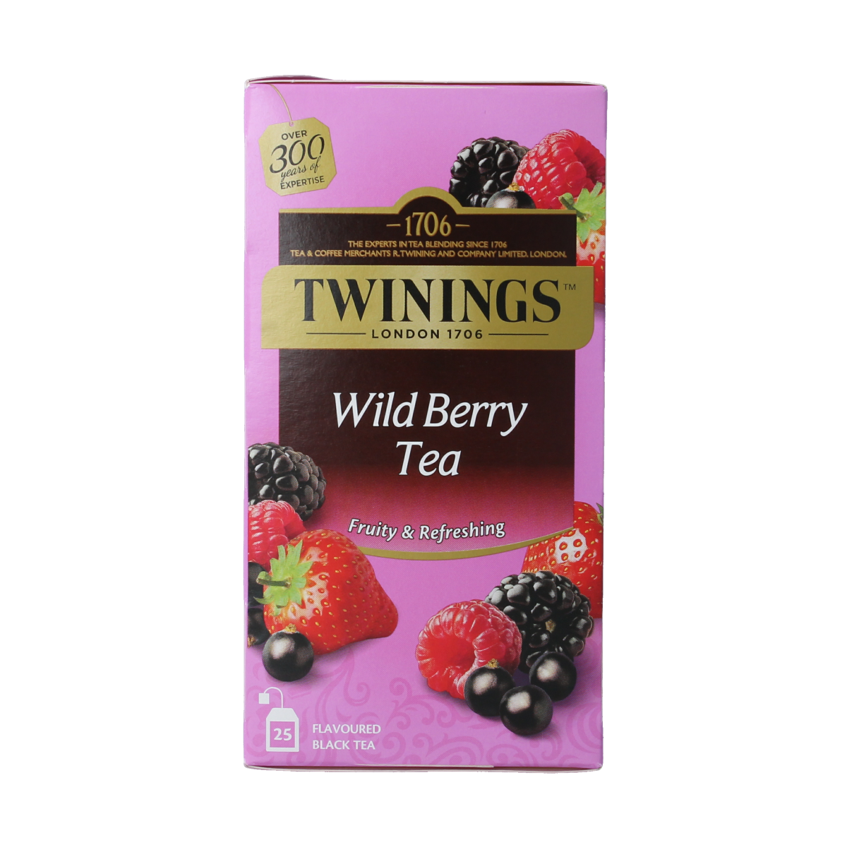 Twinings Wildberry tea bags, 25-count, featuring vibrant wildberry-flavored tea in a sealed box.
