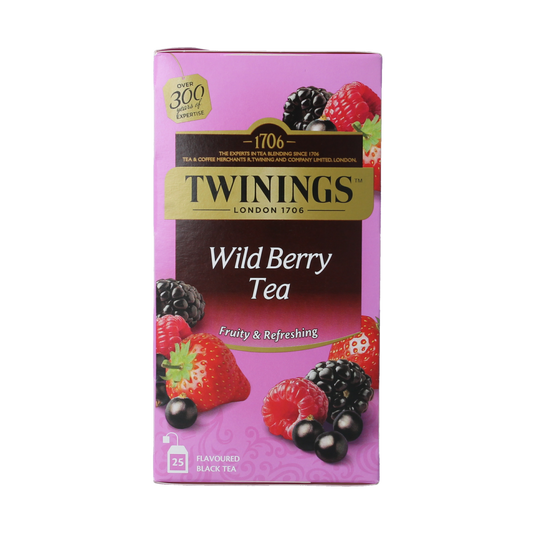 Twinings Wildberry tea bags, 25-count, featuring vibrant wildberry-flavored tea in a sealed box.